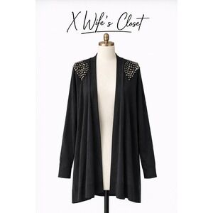 And Abigail Black Studded Shoulder Open Front Cardigan Sharkbite Hem Womens L